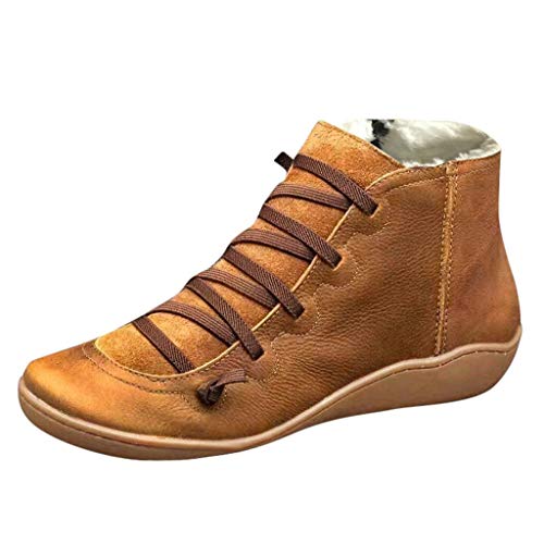 Yowablo Boots Damen Casual Flache Leder Retro Schnürstiefel Seitlicher Reißverschluss Runde Kappe Plus Samt (39 EU,Plus Samt-Braun) von Yowablo