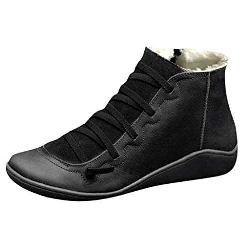 Yowablo Boots Damen Casual Flache Leder Retro Schnürstiefel Seitlicher Reißverschluss Runde Kappe Plus Samt (39 EU,Plus Samt-Schwarz) von Yowablo