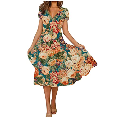 Yowablo Damen Casual Print Lose V-Ausschnitt Kurzarm Bequemes Elegantes Kleid mitem Saum Freizeitkleid Silvesterkleid (M,d-Orange) von Yowablo