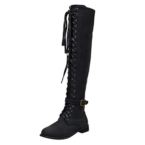 Yowablo Damen Hohe Stiefel Retro Schuhe mit niedrigen Absätzen Schnürstiefel mit langem Schlauchritter (40 EU,Schwarz) von Yowablo