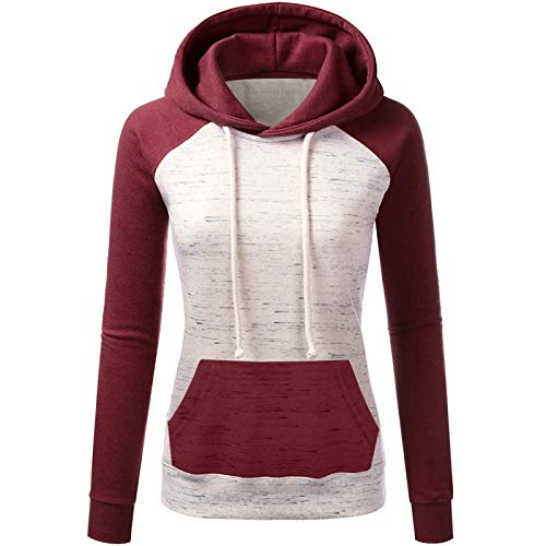 Yowablo Damen Hoodie Kapuzenpullover Kapuzenpulli Hooded Sport Langarm Farbkontrast Patchwork Zipper Pocket Jacket Top (3XL,3rot) von Yowablo