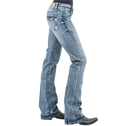 Yowablo Damen Jeans Gestickter Stern Straight Barrel Micro Flared Jeans Slim Fit Hellblaue Jeanshose Leggins (Light Blue, XS) von Yowablo