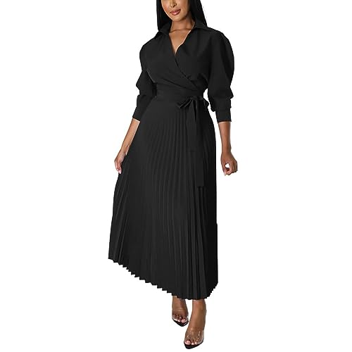 Yowablo Damen-Kleid, einfarbig, langärmelig, hohe Taille, modisch, lässig, plissiert Kariertes Kleid Damen (Black, M) von Yowablo