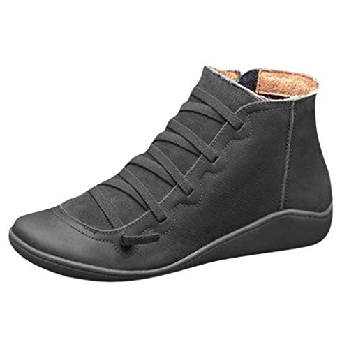 Yowablo Damen Kurzschaft Stiefel Lässige Flache Retro-Schnürstiefel aus Leder mit seitlichem Reißverschluss und runder Schuhspitze (39 EU,4- Schwarz) von Yowablo