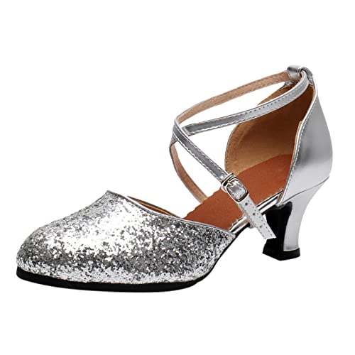 Yowablo Damen Latein Tanzschuhe Geschlossene Zehe Mode Tango Cha-Cha Ballroom Performence Tanzen Schuhe (A-Silver, 38) von Yowablo
