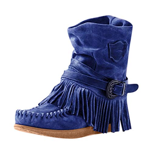Yowablo Damen Schnürstiefeletten Übergrößen Ankle Boots mit Fransen Damen Römer Retro-Stil Volltonfarbe Quaste Kurze Stiefel Flache Schuhe (40 EU,Blau) von Yowablo