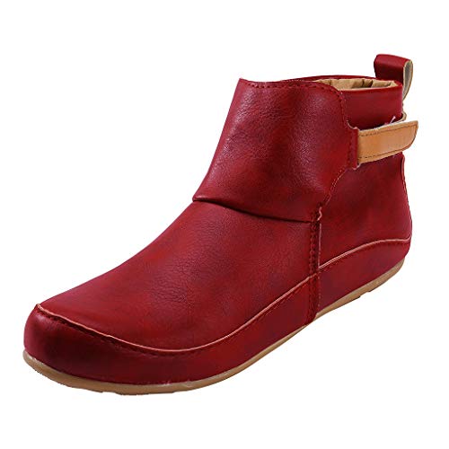 Yowablo Damen Stiefel Klassische Lederstiefel Flache wasserdichte Schuhe Winter Runde Zehen Stiefeletten (40 EU,5- rot) von Yowablo