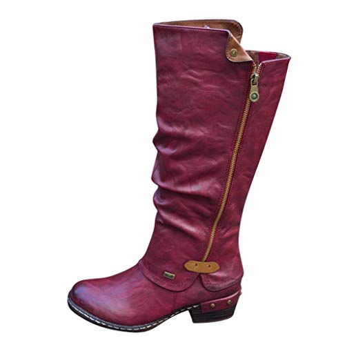 Yowablo Damen Stiefel Langschaftstiefel Mode im westlichen Stil Cowboy-Reitstiefel Freizeitknie Mittelrohrstiefel (40 EU,rot) von Yowablo