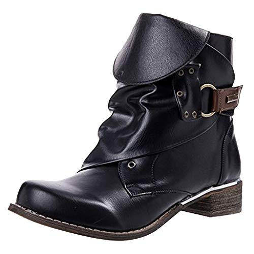 Yowablo Damen Stiefel Leder Schnalle Stiefeletten Fersenstiefel Große Größe Seitenreißverschluss Freizeitschuhe (38 EU,Schwarz) von Yowablo