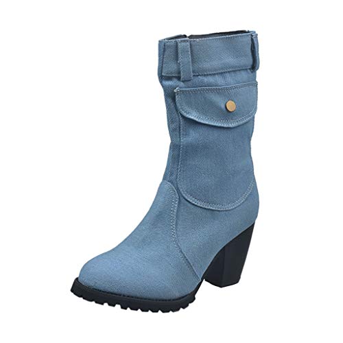 Yowablo Damen Stiefel Mid-Rise Solid Größe Slip-On Med Heels Stiefel Schuhe (39 EU,Hellblau) von Yowablo