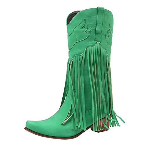 Yowablo Damen Stiefel Mode Wohnungen Quaste Spitze Zehe Schuhe mit niedrigen Absätzen Western Knight Stiefel (41 EU,Grün) von Yowablo