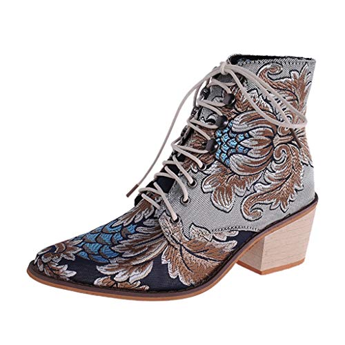 Yowablo Damen Stiefeletten Worker Boots mit Blockabsatz Prints Profilsohle Quadratische Absätze Stoffstickstiefel Schnürstiefel Spitzschuhe (40 EU,2- Blau) von Yowablo
