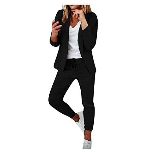 Yowablo Damen Zweiteiliges Anzug Set Büro Business Langarm Formale Jacke Hosenanzug Slim Fit Hosenjacke Sets S Label Mantel Damen (Black, L) von Yowablo