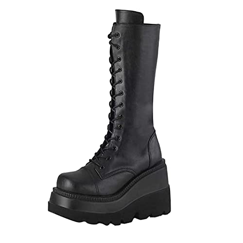 Yowablo Einsatzstiefel Boot Zipper Plateau-Klobige Schuhe Freizeitstiefel Wedges Punk Gothic Reißverschluss Mittelhohe Stiefel (42,schwarz) von Yowablo