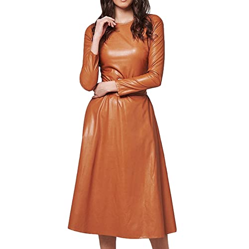 Yowablo Frauen Herbst Winter 2023 Lederkleid Einfach Rundhals Temperament Schlank PU Ledergürtel Kleid Schulterfreies Kleid von Yowablo