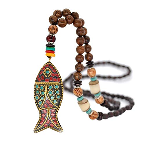 Yowablo Halskette Anhänger Nepal Buddhist Mala Perle Ethnischer Horn Fisch Langer Schmuck (C) von Yowablo