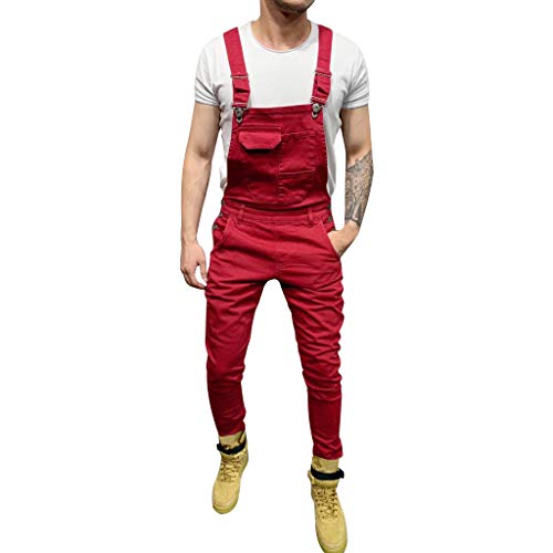 Yowablo Herren Jeans Latzhose Stretch Hose Slim Fit Basic Lange Jeanshose für Männer Denim Overall Jungen weiße Freizeithose Jumpsuit Cargohose (M,2- rot) von Yowablo