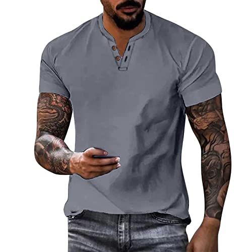Yowablo Herren Sommer Freizeithemd Bluse Baumwolle Leinen Bluse Kurzarm Umlegekragen Knopf Mode Hemd Top Arbeitsuhr Herren (5XL,Marine) von Yowablo
