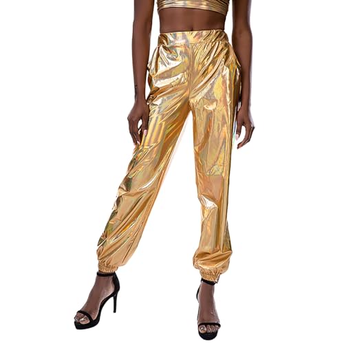 Yowablo Hosen Damen Hose Mit Gummizug Und Seiten Tasche Schrittlänge Jogger High Lange elastische (B-Gold, S) von Yowablo