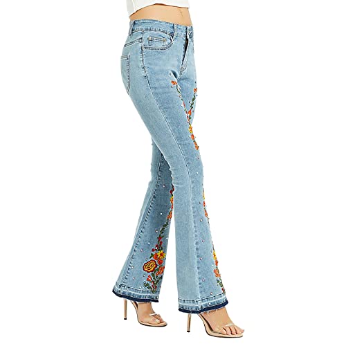 Yowablo Jeans mit Blumenstickerei und Perlen für Damen in schmaler Passform Weste Damen Lässige, ausgestellte (A, L) von Yowablo