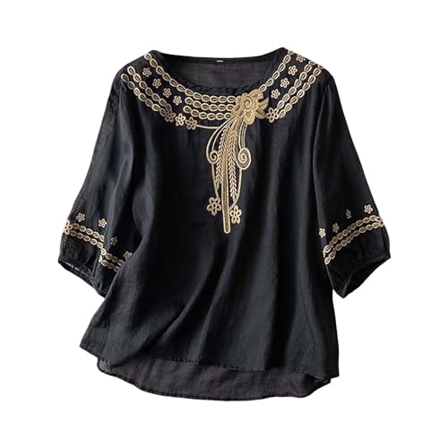 Yowablo Kleidung Bohemian Folklore Stickerei Bluse Tunika Sommer Oberteil Farbe Schwarz gr M von Yowablo