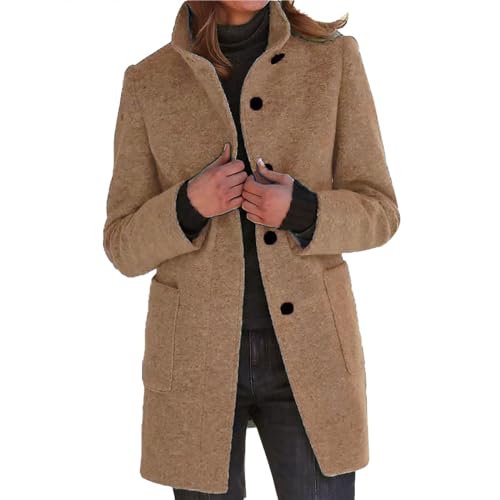 Yowablo Kurzmantel Damen Damen Woll-Cardigan-Mäntel mit Taschen, Damen-, langer Jackenmantel, modisch, einfarbig, lässig, vorne offen, Oberbekleidung Wintermantel Damen Warm Wolle (Khaki, L) von Yowablo