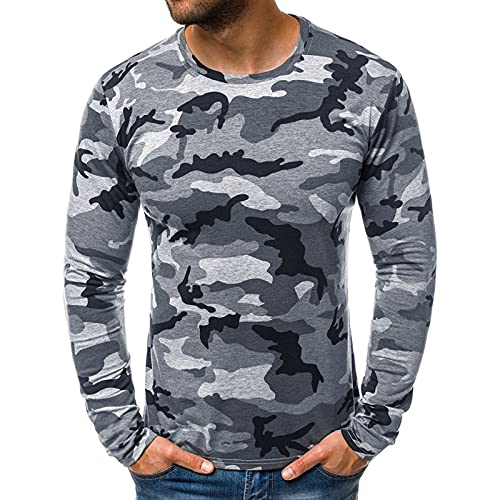 Yowablo Langarmshirt Herren Langarm-Shirt mit Rundhalsausschnitt T-Shirt Herren Sommer Slim Casual Camouflage Printed Langarm Top Bluse (M,2grau) von Yowablo