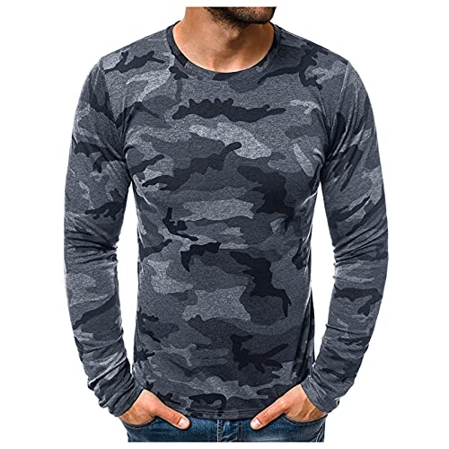 Yowablo Langarmshirt Herren Langarm-Shirt mit Rundhalsausschnitt T-Shirt Herren Sommer Slim Casual Camouflage Printed Langarm Top Bluse (XXL,2dunkelgrau) von Yowablo