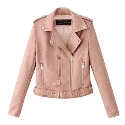 Yowablo Lederjacke Damen Künstlich PU Bikerjacke mit Reißverschluss, Kurze Jacke für Herbst mit Niet (3XL,Rosa) von Yowablo