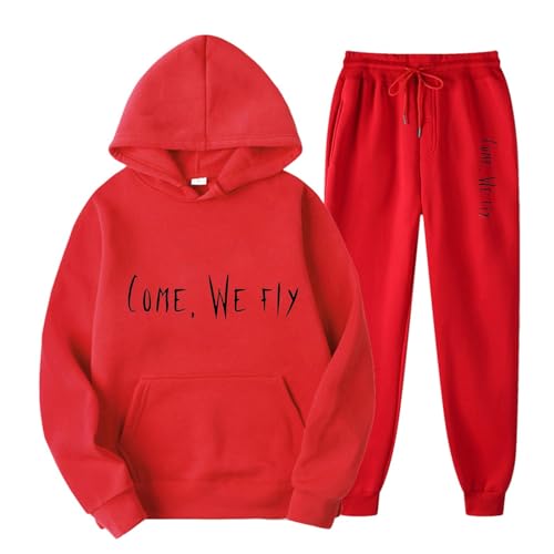 Yowablo Leggings Set Damen Zweiteilige Damen-Outfits, lässige Langarm-Pullover-Kapuzen-Langarm-Top-Sets Anzug Outfit Damen (Red, XXXL) von Yowablo