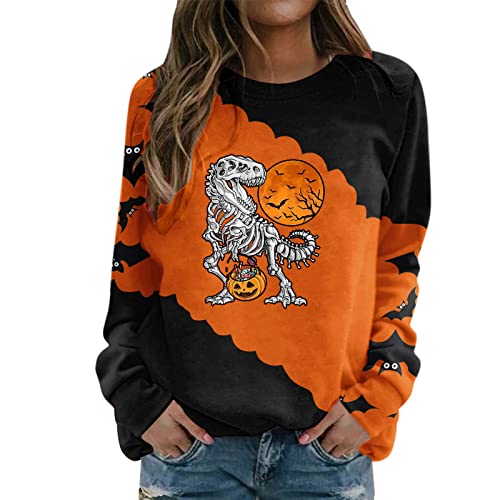 Yowablo Lose Bluse für Damen, Halloween-Print, O-Ausschnitt, Rundhalsausschnitt, Pullover, Oberteile, langärmelig, Workout-Shirts Sweatshirt Teenager Mädchen von Yowablo