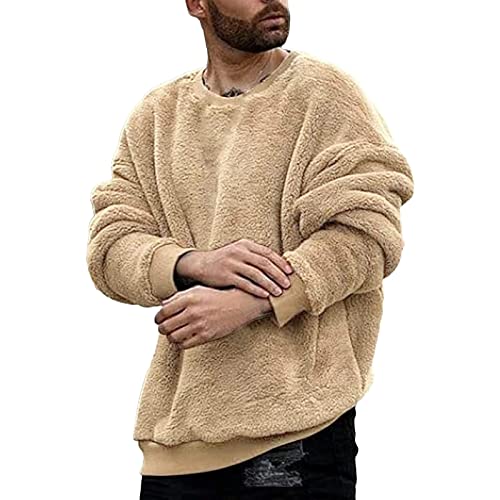 Yowablo Männer Fuzzy Pulli Feste O-Ausschnitt Sweatshirts Langarm-Sport-Fallbluse Kuschelpullover Herren Flauschig von Yowablo