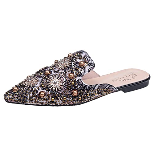 Yowablo Mode Sommer und Herbst Frauen Pumps Niedrige Ferse Flache Spitze Perle Strass Bunte Druck Halbe Hausschuhe Pantoletten Sommer Damen Schuhe von Yowablo