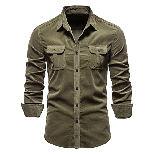 Yowablo Modisches, einfaches Cord Business Slim Fit einfarbiges Cardigan Langarmhemd für Herren Hemden Oliv Herren von Yowablo