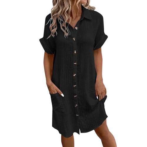 Yowablo Musselin Kleid Damen Leinen Kleider Elegant Kurzarm Blusenkleid Sommer Strandkleid Hemdblusenkleid Blusenkleid Locker Freizeitkleid (b-Schwarz,XL) von Yowablo
