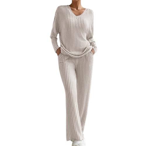 Yowablo Outfit Damen Set Damen 2023 Mode Lässige Hose mit geradem Bein Lose Strickset mit V-Ausschnitt Festliche Zweiteiler Damen (Beige, L) von Yowablo