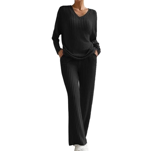 Yowablo Outfit Damen Set Damen 2023 Mode Lässige Hose mit geradem Bein Lose Strickset mit V-Ausschnitt Festliche Zweiteiler Damen (Black, XL) von Yowablo