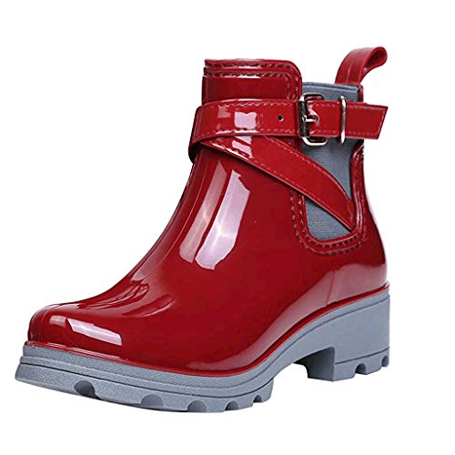 Yowablo Regenstiefel Damen Herbst/Winter Gummistiefel Mode Kurze Stiefel Regen Stiefel rutschfeste Schuhe Gummiband Wasser Schuhe (37 EU,1- rot) von Yowablo