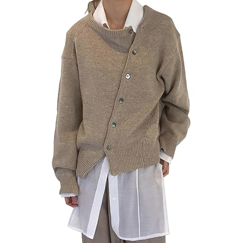 Yowablo Ring Vergrößerer Damen-Strickpullover, einfarbig, modisch, lässig, Schnalle, unregelmäßiger Rundhalsausschnitt Schwarze Strickjacke Damen Kurz Mit Fell (Beige, L) von Yowablo