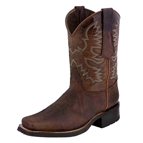 Yowablo Schuhe Damen Leder rutschfeste Slip-On runde Zehen Western Cowboy Stiefel mit niedrigen Absätzen (40,Braun) von Yowablo
