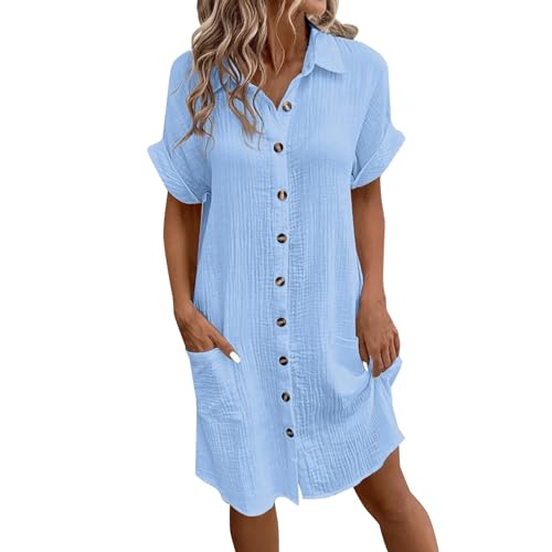 Yowablo Sommerkleid Leicht Musselin Bluse Kleid Boho Strandkleider Kleid 2024 Freizeitkleid Blusenkleid Strandkleid Swing Freizeitkleid Hemdkleid (b-Blau,XXL) von Yowablo