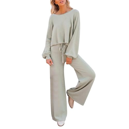 Yowablo Sportklamotten Damen Zweiteiliges Set für Damen mit Langen Ärmeln, lässigem Pullover, Oberteil und Hosen mit weitem Bein Hosenanzug Damen Rückenfrei (Silver, L) von Yowablo
