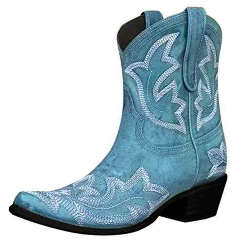 Yowablo Stiefel Winter Damen Schuhe Schneestiefel Reitstiefel Niedrige mit Absatz Langschaft Kniehohe Stiefeletten Boots Winter mit niedrigen Absätzen Cowboy Knight (42,Blau) von Yowablo