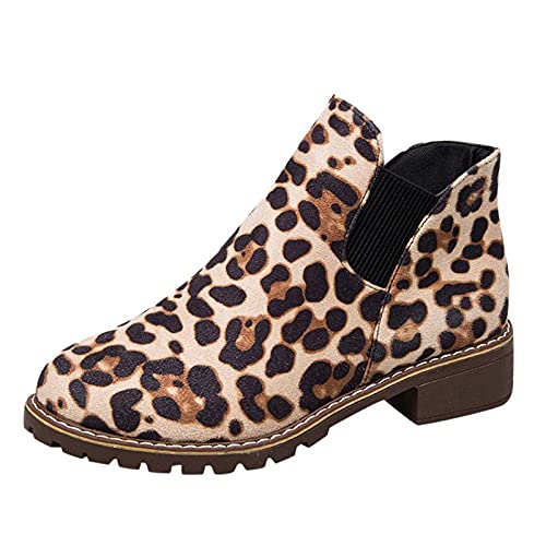 Yowablo Stiefeletten Damen Mit Absatz Chelsea Boots Damen Booties Damenmode Mädchen Leopard Flock Kurze Stiefel Booties Freizeitschuhe (39,beige) von Yowablo