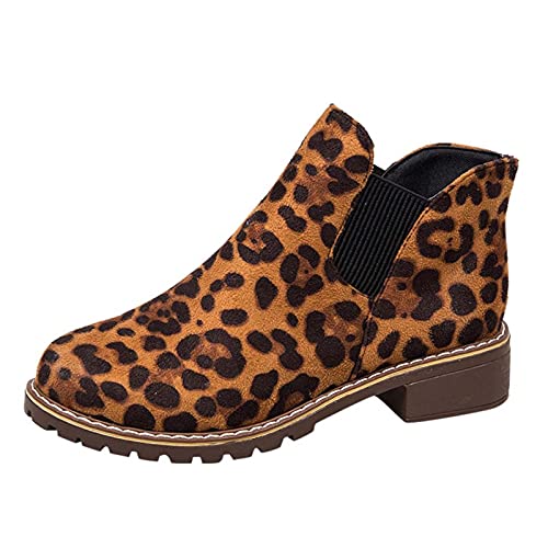 Yowablo Stiefeletten Damen Mit Absatz Chelsea Boots Damen Booties Damenmode Mädchen Leopard Flock Kurze Stiefel Booties Freizeitschuhe (39,gelb) von Yowablo
