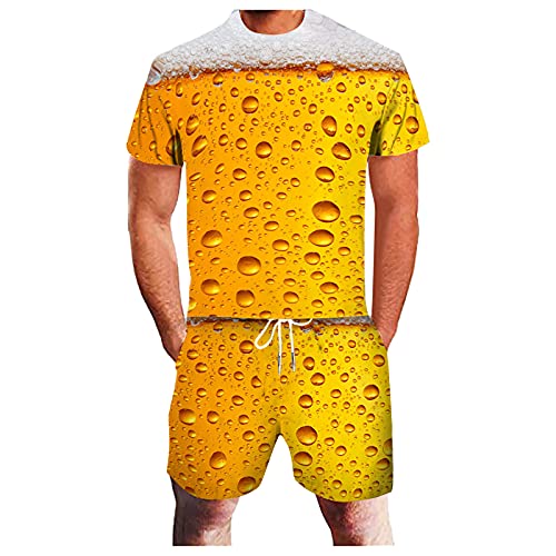 Yowablo T-Shirt Top Bluse Shirts Shorts Hosen Sets Zweiteiliger Anzug Sportanzug Herren Sommer Freizeit Sport 3D Bier Plus Size Fitness Laufen (XL,1gelb) von Yowablo