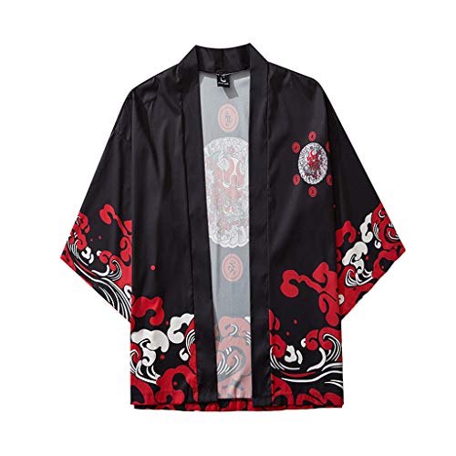 Yowablo Top Bluse Herren Damen Sommer Japanisch Fünf-Punkt-Ärmel Kimono Umhang Jacke (L,1Schwarz) von Yowablo