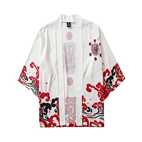 Yowablo Top Bluse Herren Damen Sommer Japanisch Fünf-Punkt-Ärmel Kimono Umhang Jacke (XL,1Weiß) von Yowablo