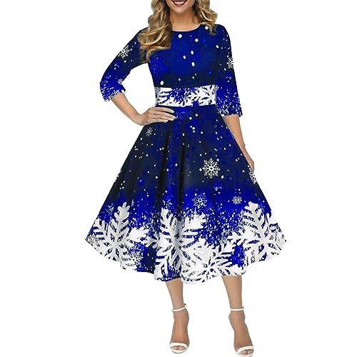 Yowablo Weihnachtskleid mit Retro-Weihnachtsschneeflocken-Print in einem Langen, halbärmeligen Kleid mit Rundhalsausschnitt Blusenkleid Damen Sommer (Blue, XXXXL) von Yowablo