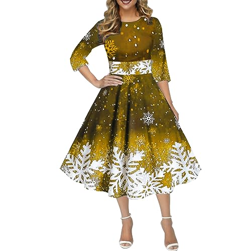 Yowablo Weihnachtskleid mit Retro-Weihnachtsschneeflocken-Print in einem Langen, halbärmeligen Kleid mit Rundhalsausschnitt Blusenkleid Damen Sommer (Gold, XL) von Yowablo